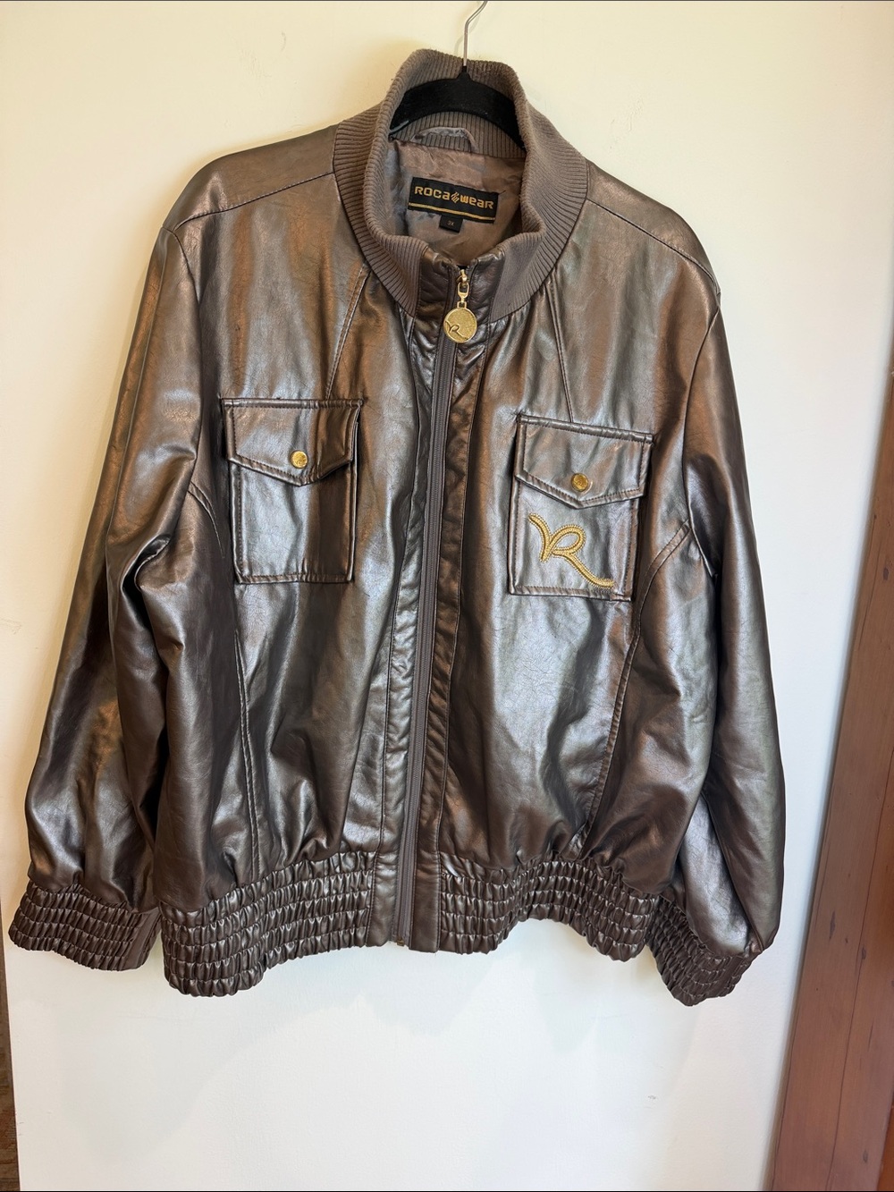 Vintage Rocawear Pewter Faux Leather Jacket with Gold Accents, XXXL Plus Size